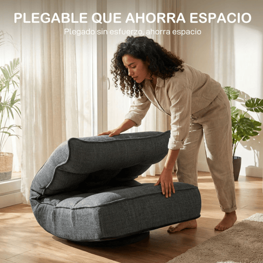 HOMCOM Cadeira de Chão Dobrável Giratória 360° com Encosto Ajustável em 5 Posições, Sofá de Chão em Linho Acolchoado para Meditação e Gaming, 58x107x79 cm, Cinzento