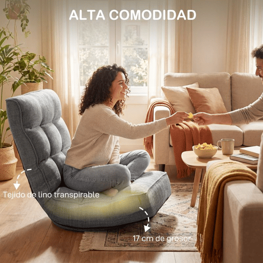 HOMCOM Cadeira de Chão Dobrável Giratória 360° com Encosto Ajustável em 5 Posições, Sofá de Chão em Linho Acolchoado para Meditação e Gaming, 58x107x79 cm, Cinzento