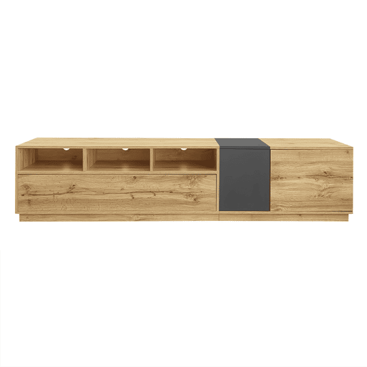Móvel de TV moderno 200 cm - Design contrastante, compartimentos abertos - Preto, Cinza, Natural