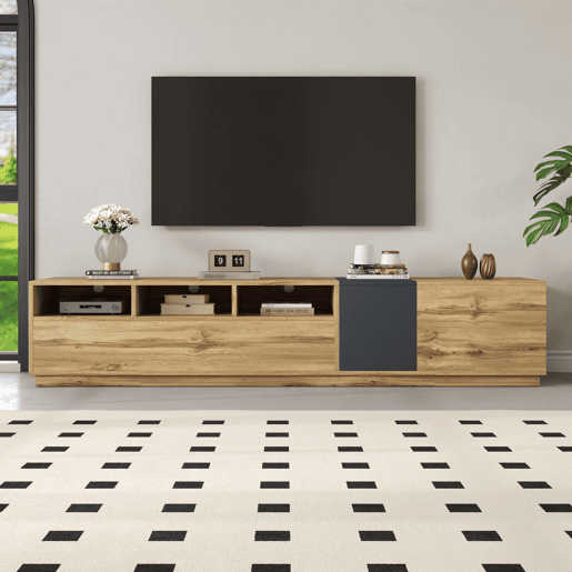 Móvel de TV moderno 200 cm - Design contrastante, compartimentos abertos - Preto, Cinza, Natural