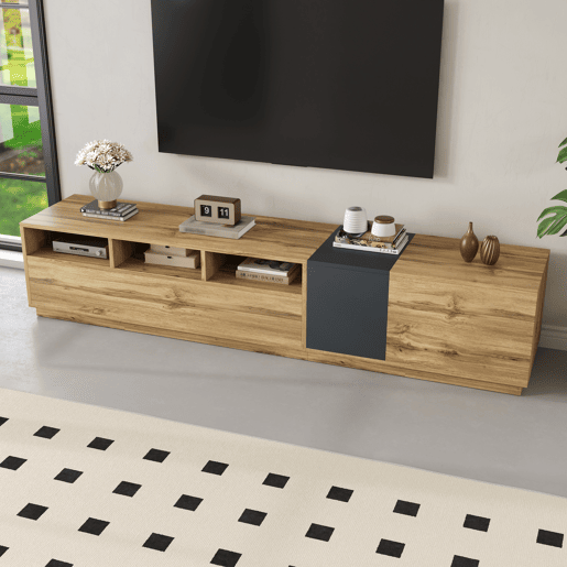 Móvel de TV moderno 200 cm - Design contrastante, compartimentos abertos - Preto, Cinza, Natural