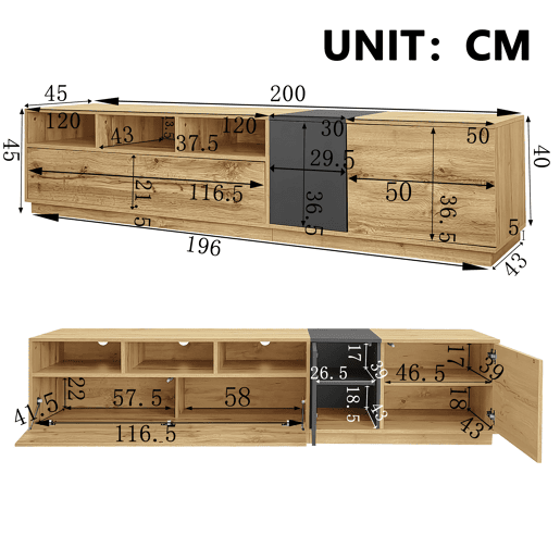 Móvel de TV moderno 200 cm - Design contrastante, compartimentos abertos - Preto, Cinza, Natural