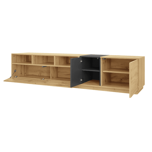 Móvel de TV moderno 200 cm - Design contrastante, compartimentos abertos - Preto, Cinza, Natural