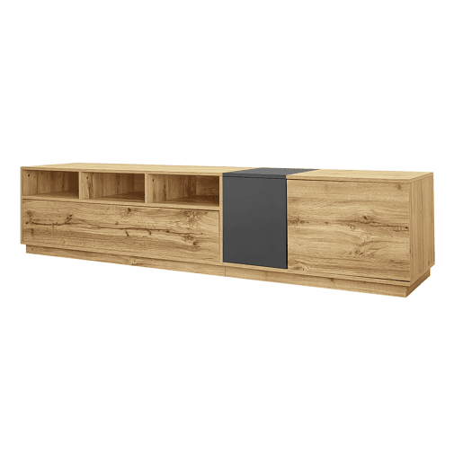 Móvel de TV moderno 200 cm - Design contrastante, compartimentos abertos - Preto, Cinza, Natural