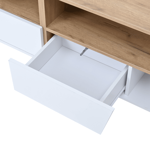 Móvel de TV 180x40x46 cm - LED, 2 gavetas, 2 armários, até 75 - branco e madeira Móvel de TV 180x40x46 cm - LED, 2 gavetas, 2 armários, até 75 - branco e madeira