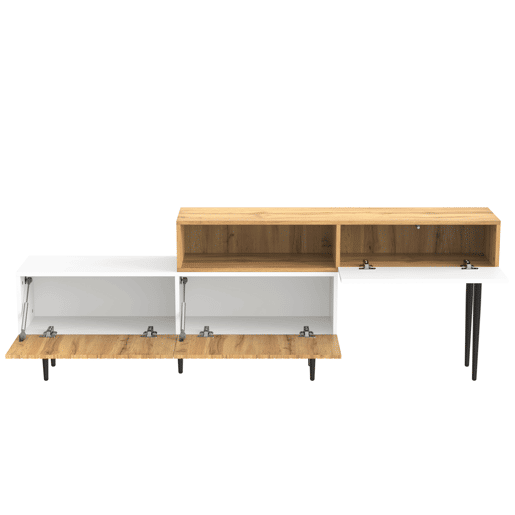 Móvel de TV modular de 2 peças - Design ajustável, pés metálicos pretos, madeira e branco mate