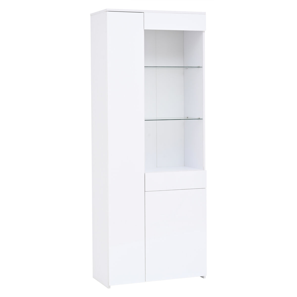 Vitrina 70x35x180 cm - altura brillante, vidrio con led, cajones, almacenamiento - blanco