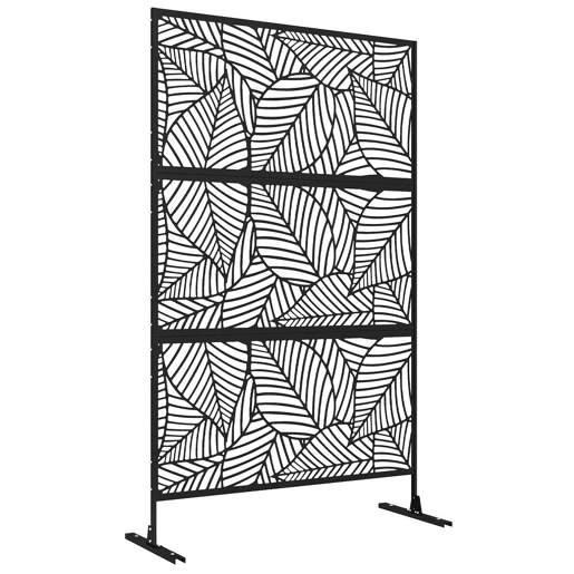Outsunny Biombo de 3 Painéis 122x198 cm Biombo Separador de Ambientes com Suporte e Parafusos de Expansão Design de Folhas Grandes para Exterior Jardim Pátio Terraço Preto