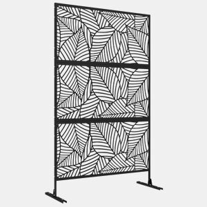 Outsunny Biombo de 3 Painéis 122x198 cm Biombo Separador de Ambientes com Suporte e Parafusos de Expansão Design de Folhas Grandes para Exterior Jardim Pátio Terraço Preto