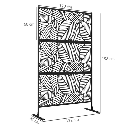 Outsunny Biombo de 3 Painéis 122x198 cm Biombo Separador de Ambientes com Suporte e Parafusos de Expansão Design de Folhas Grandes para Exterior Jardim Pátio Terraço Preto