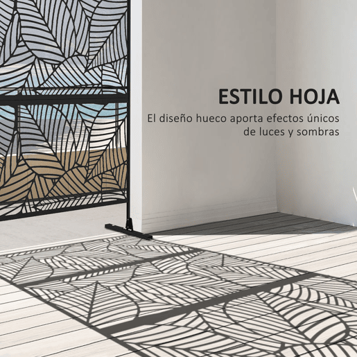 Outsunny Biombo de 3 Painéis 122x198 cm Biombo Separador de Ambientes com Suporte e Parafusos de Expansão Design de Folhas Grandes para Exterior Jardim Pátio Terraço Preto