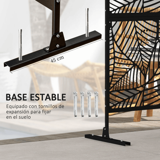 Outsunny Biombo de 3 Painéis 122x198 cm Biombo Separador de Ambientes com Suporte e Parafusos de Expansão Design de Folhas Grandes para Exterior Jardim Pátio Terraço Preto
