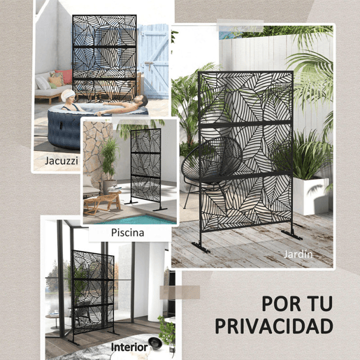 Outsunny Biombo de 3 Painéis 122x198 cm Biombo Separador de Ambientes com Suporte e Parafusos de Expansão Design de Folhas Grandes para Exterior Jardim Pátio Terraço Preto