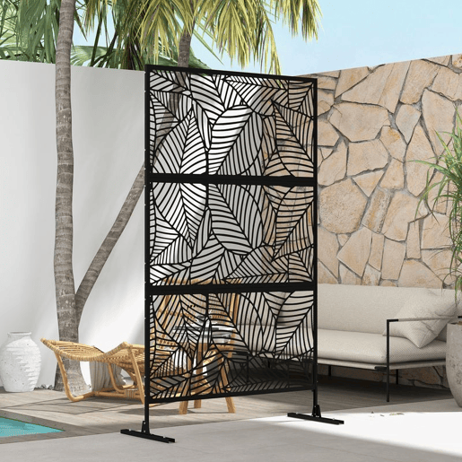 Outsunny Biombo de 3 Painéis 122x198 cm Biombo Separador de Ambientes com Suporte e Parafusos de Expansão Design de Folhas Grandes para Exterior Jardim Pátio Terraço Preto