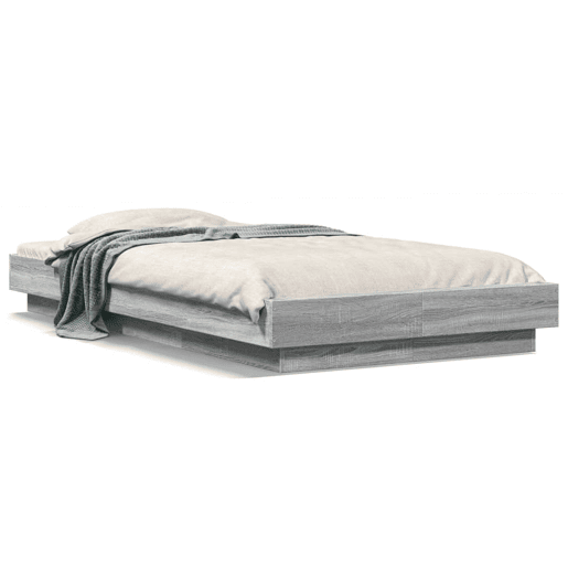 Estrutura de cama de solteiro para adultos c luzes LED derivados madeira cinzento sonoma
