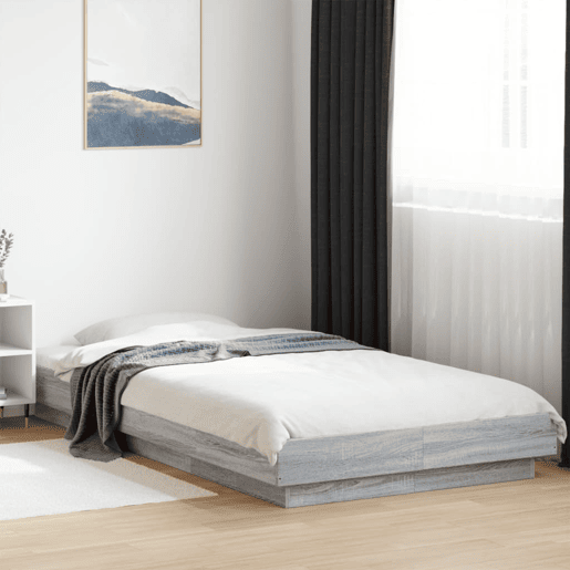 Estrutura de cama de solteiro para adultos c luzes LED derivados madeira cinzento sonoma