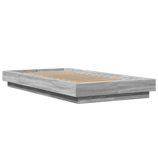 Estrutura de cama de solteiro para adultos c luzes LED derivados madeira cinzento sonoma