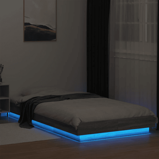 Estrutura de cama de solteiro para adultos c luzes LED derivados madeira cinzento sonoma