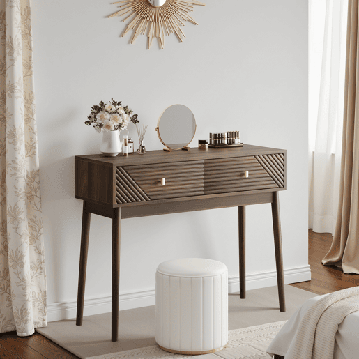 Secretária Consola - Estilo Mid-Century, com gavetas e prateleiras abertas - Nogueira