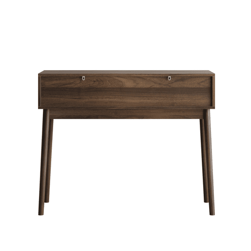 Secretária Consola - Estilo Mid-Century, com gavetas e prateleiras abertas - Nogueira