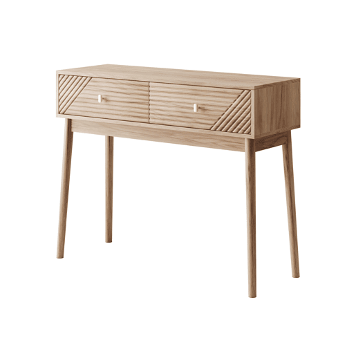 Secretária  Consola - Estilo Mid-Century, com Gavetas e Prateleiras Abertas - Carvalho