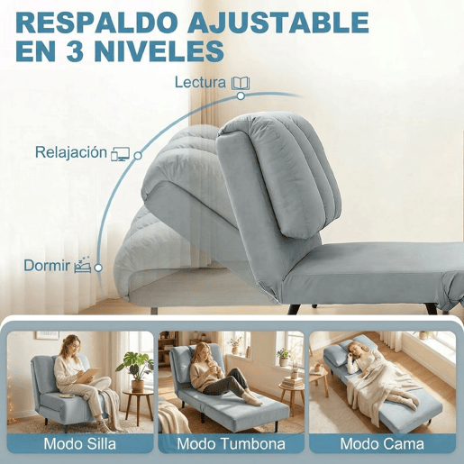 HOMCOM Sofá-Cama Individual 3 em 1 Sofá-Cama Dobrável Estofado em Veludo com Encosto Ajustável em 3 Níveis Almofada Espessa para Quarto Sala, Escritório Montagem Fácil 72x88x87 cm Cinzento