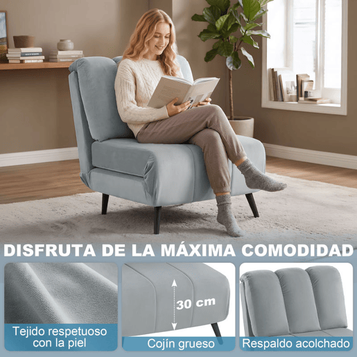 HOMCOM Sofá-Cama Individual 3 em 1 Sofá-Cama Dobrável Estofado em Veludo com Encosto Ajustável em 3 Níveis Almofada Espessa para Quarto Sala, Escritório Montagem Fácil 72x88x87 cm Cinzento