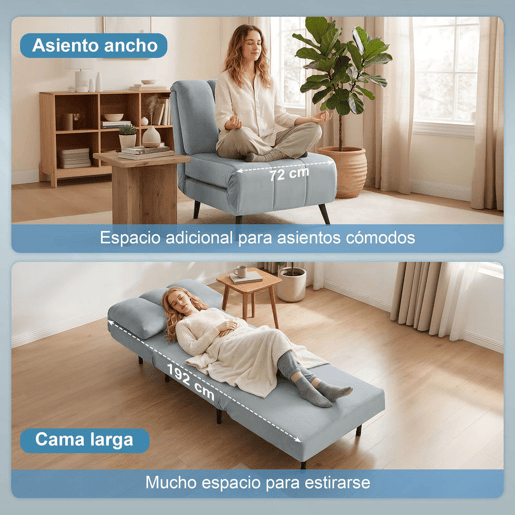 HOMCOM Sofá-Cama Individual 3 em 1 Sofá-Cama Dobrável Estofado em Veludo com Encosto Ajustável em 3 Níveis Almofada Espessa para Quarto Sala, Escritório Montagem Fácil 72x88x87 cm Cinzento