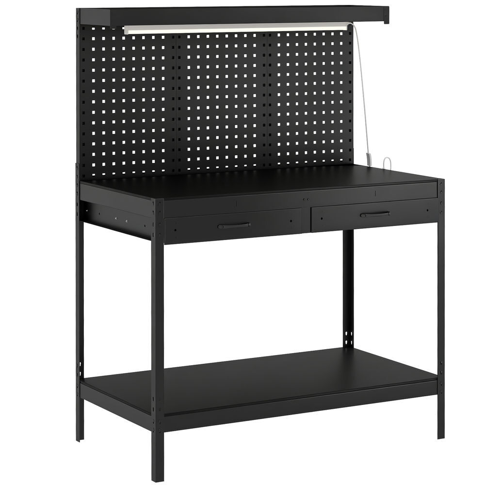 Homcom banco de trabajo, carga 272 kg, 110x60x150 cm, mesa de trabajo con tableros perforados metálicos, toma de corriente, luces led, 2 cajones y estantes, para garaje y taller, negro