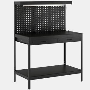 HOMCOM Banco de Trabalho 272 kg 110x60x150 cm Mesa com Painéis Perfurados Metálicos, Tomadas, Luzes LED, 2 Gavetas e Prateleiras, Preto