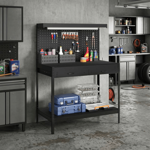 HOMCOM Banco de Trabalho 272 kg 110x60x150 cm Mesa com Painéis Perfurados Metálicos, Tomadas, Luzes LED, 2 Gavetas e Prateleiras, Preto