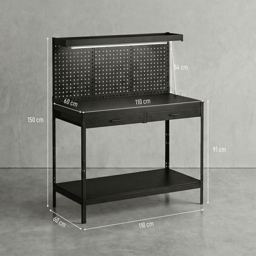 HOMCOM Banco de Trabalho 272 kg 110x60x150 cm Mesa com Painéis Perfurados Metálicos, Tomadas, Luzes LED, 2 Gavetas e Prateleiras, Preto