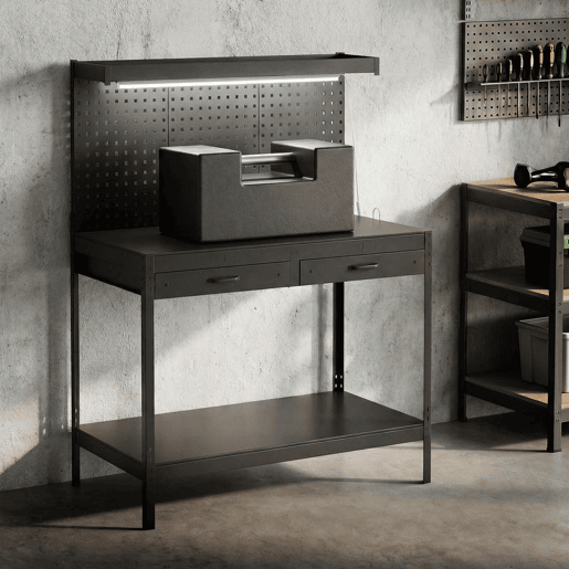HOMCOM Banco de Trabalho 272 kg 110x60x150 cm Mesa com Painéis Perfurados Metálicos, Tomadas, Luzes LED, 2 Gavetas e Prateleiras, Preto