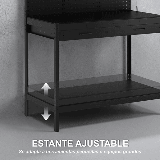 HOMCOM Banco de Trabalho 272 kg 110x60x150 cm Mesa com Painéis Perfurados Metálicos, Tomadas, Luzes LED, 2 Gavetas e Prateleiras, Preto