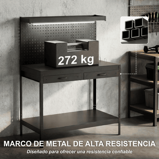 HOMCOM Banco de Trabalho 272 kg 110x60x150 cm Mesa com Painéis Perfurados Metálicos, Tomadas, Luzes LED, 2 Gavetas e Prateleiras, Preto