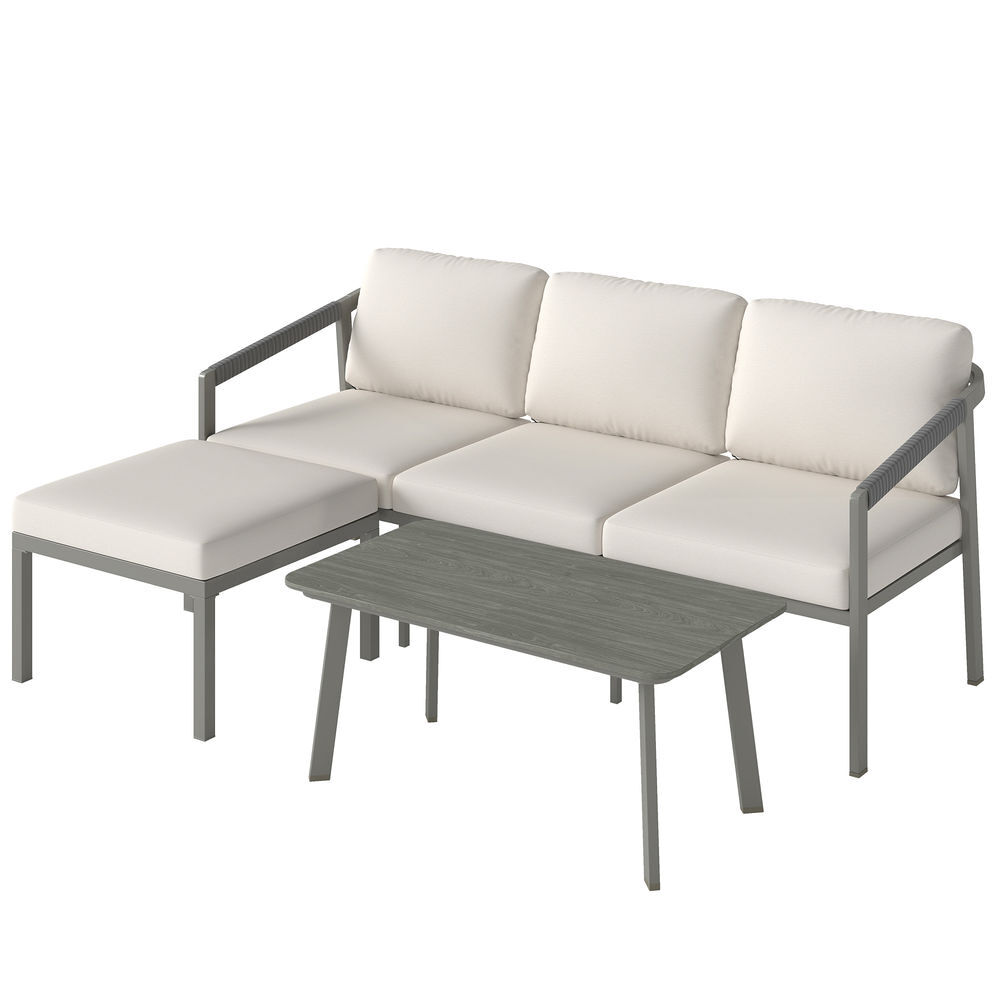 Outsunny conjunto de muebles jardín exterior de 3 piezas sofá exterior seccional forma de l con sofá de 3 plazas reposapiés mesa centro de listones y cojines de 10 cm para terraza patio marrón y beige