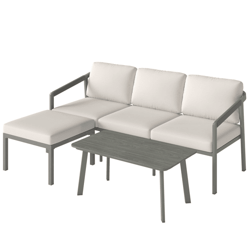 Outsunny Conjunto de Jardim de 3 Peças Sofá Exterior em L com Sofá de 3 Lugares Apoio para os Pés Mesa de Ripas e Almofadas de 10 cm para Terraço ou Pátio Castanho e Bege