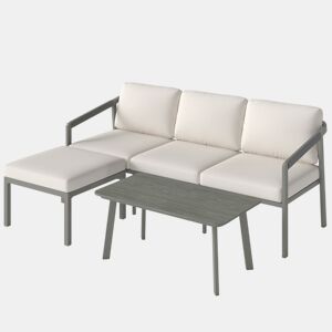 Outsunny Conjunto de Jardim de 3 Peças Sofá Exterior em L com Sofá de 3 Lugares Apoio para os Pés Mesa de Ripas e Almofadas de 10 cm para Terraço ou Pátio Castanho e Bege