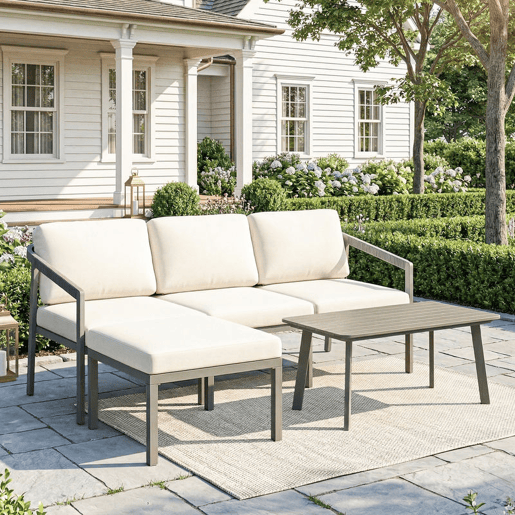 Outsunny Conjunto de Jardim de 3 Peças Sofá Exterior em L com Sofá de 3 Lugares Apoio para os Pés Mesa de Ripas e Almofadas de 10 cm para Terraço ou Pátio Castanho e Bege