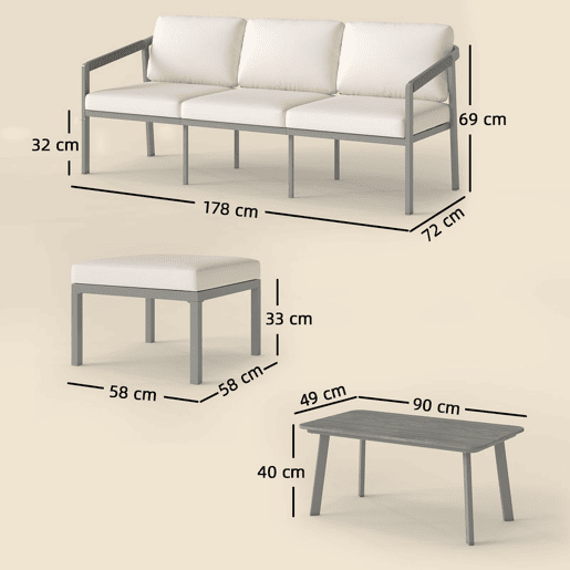 Outsunny Conjunto de Jardim de 3 Peças Sofá Exterior em L com Sofá de 3 Lugares Apoio para os Pés Mesa de Ripas e Almofadas de 10 cm para Terraço ou Pátio Castanho e Bege