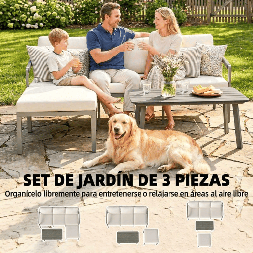 Outsunny Conjunto de Jardim de 3 Peças Sofá Exterior em L com Sofá de 3 Lugares Apoio para os Pés Mesa de Ripas e Almofadas de 10 cm para Terraço ou Pátio Castanho e Bege