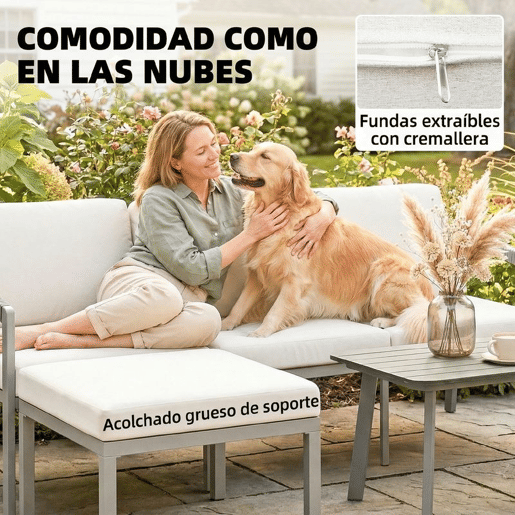 Outsunny Conjunto de Jardim de 3 Peças Sofá Exterior em L com Sofá de 3 Lugares Apoio para os Pés Mesa de Ripas e Almofadas de 10 cm para Terraço ou Pátio Castanho e Bege