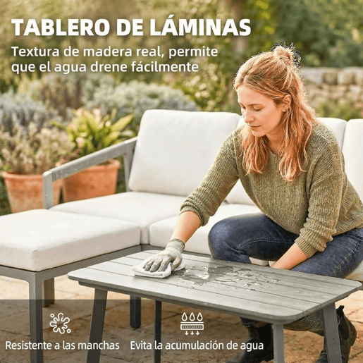 Outsunny Conjunto de Jardim de 3 Peças Sofá Exterior em L com Sofá de 3 Lugares Apoio para os Pés Mesa de Ripas e Almofadas de 10 cm para Terraço ou Pátio Castanho e Bege