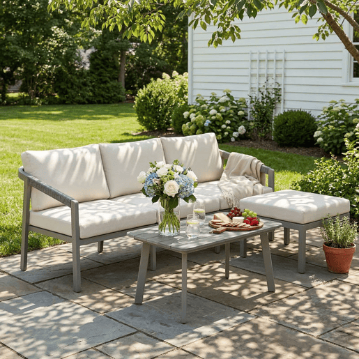 Outsunny Conjunto de Jardim de 3 Peças Sofá Exterior em L com Sofá de 3 Lugares Apoio para os Pés Mesa de Ripas e Almofadas de 10 cm para Terraço ou Pátio Castanho e Bege