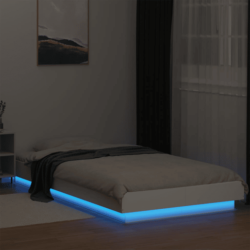 Estrutura de cama de solteiro para adultos c luzes LED 100x200 cm derivados madeira branco