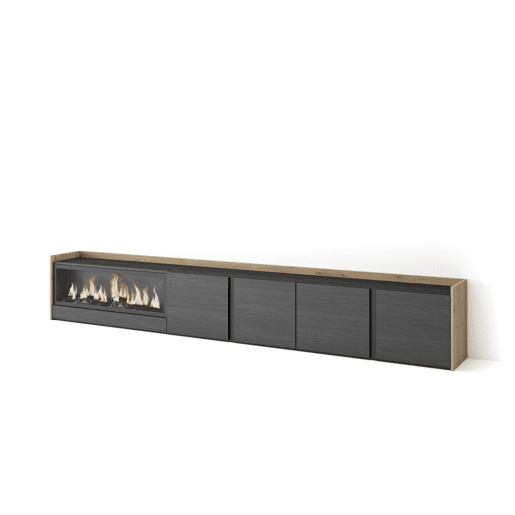 Móvel de TV, Muito espaço de arrumação, 315x35x50cm, Para televisores até 80, Lareira eléctrica XXL, Estilo moderno, Preto e Carvalho Móvel de TV, Muito espaço de arrumação, 315x35x50cm, Para televisores até 80, Lareira eléctrica XXL, Estilo moderno, Preto e Carvalho