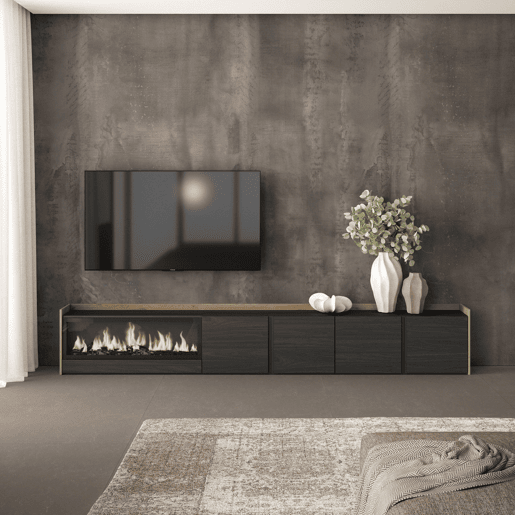 Móvel de TV, Muito espaço de arrumação, 315x35x50cm, Para televisores até 80, Lareira eléctrica XXL, Estilo moderno, Preto e Carvalho Móvel de TV, Muito espaço de arrumação, 315x35x50cm, Para televisores até 80, Lareira eléctrica XXL, Estilo moderno, Preto e Carvalho