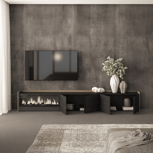 Móvel de TV, Muito espaço de arrumação, 315x35x50cm, Para televisores até 80, Lareira eléctrica XXL, Estilo moderno, Preto e Carvalho Móvel de TV, Muito espaço de arrumação, 315x35x50cm, Para televisores até 80, Lareira eléctrica XXL, Estilo moderno, Preto e Carvalho