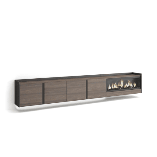 Móvel de TV, Muito espaço de arrumação, 315x35x50cm, Para televisores até 80, Lareira eléctrica XXL, Suspensos, LED, Estilo moderno, Carvalho escuro e Preto