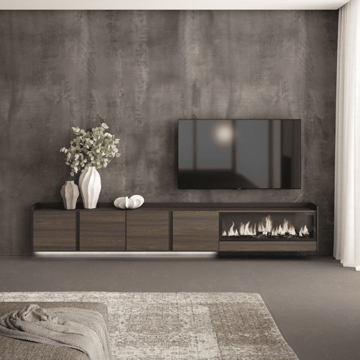 Móvel de TV, Muito espaço de arrumação, 315x35x50cm, Para televisores até 80, Lareira eléctrica XXL, Suspensos, LED, Estilo moderno, Carvalho escuro e Preto
